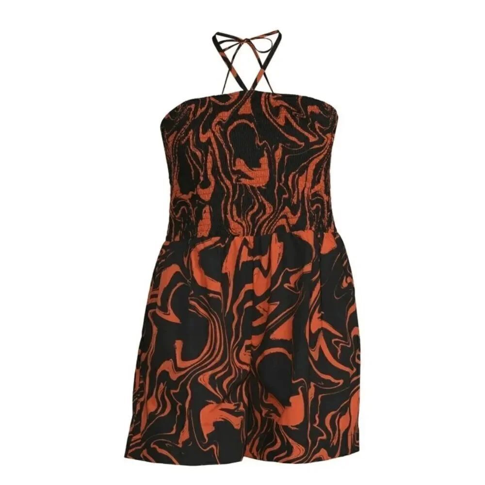The Get Orange & Black Print Smocked Halter Romper